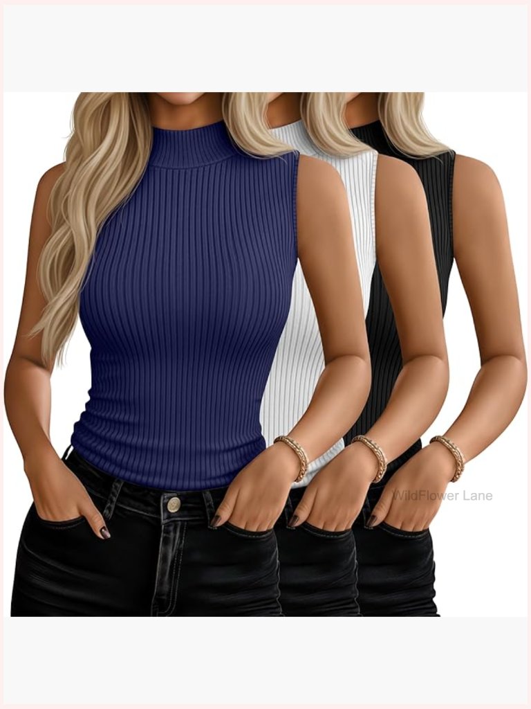 3 Pack Mock Turtleneck Sleeveless Tanks Ribbed Stretch Slim Fit Tops